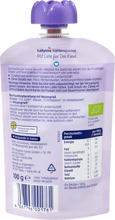 Babylove BIO Mus Owocowy Malina z Jagoda, Jabłkiem i Kaszką Manną 100 g