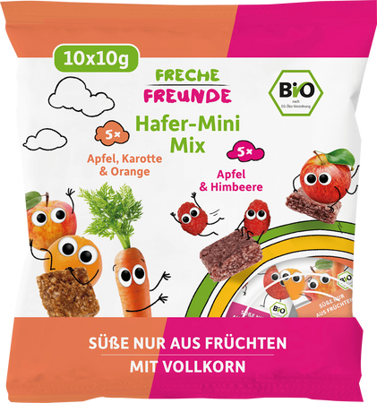 Freche Freunde Bio Mini Owsiane Batoniki Mix z Marchewką Jabłkiem i Pomarańczą