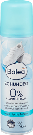 Balea Dezodorant do butów bez aluminium – świeżość i ochrona 200 ml / Balea Spray do obuwia z miętą i zieloną herbatą – 200 ml / Balea Odświeżający dezodorant do butów – neutralizuje zapachy 200 ml